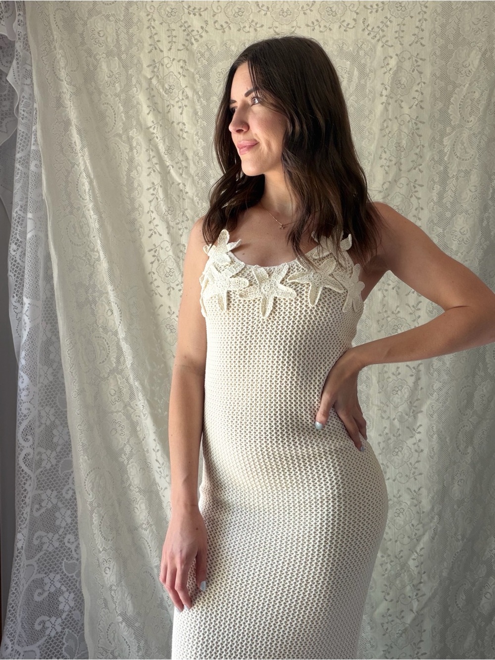 Freshman 1996 Crochet Flower Sweater Maxi Dress Cream Size Small - Picture 9 of 12